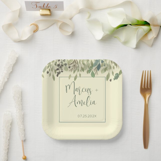 Modern Cream & Eucalyptus Wedding  Paper Plate (Wedding)