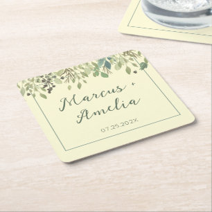 Modern Cream & Eucalyptus Wedding   Square Paper Coaster