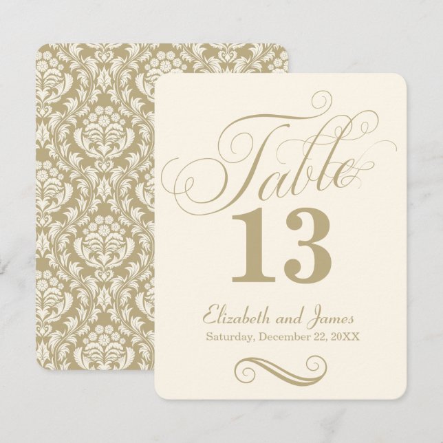 Modern Cream Gold Script Wedding Table Number (Front/Back)