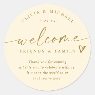 Modern Cream & Gold Wedding Welcome Hotel Bag Classic Round Sticker