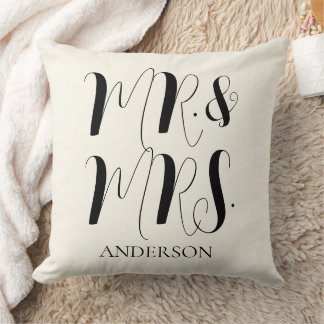 Modern cream Mr and Mrs Script Wedding Cushion