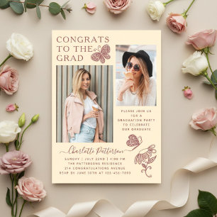 Modern Cream Pink Butterfly Photo Graduation Party Acrylic Invitations