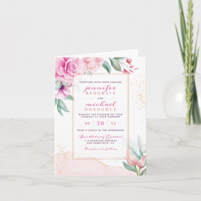 Modern Cream & Pink Trendy Blooms Classic Wedding Invitation (Front)