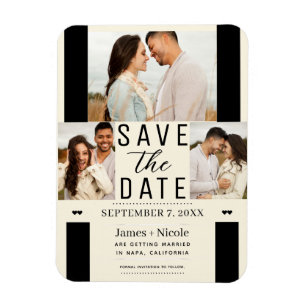 Modern Cream Save the Date 3 Photo Wedding  Magnet