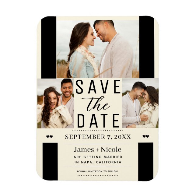 Modern Cream Save the Date 3 Photo Wedding  Magnet (Vertical)