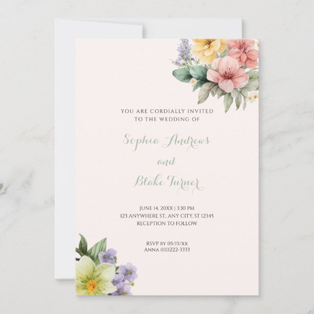 Modern Cream Wedding Invitation & Pastel Flowers (Front)