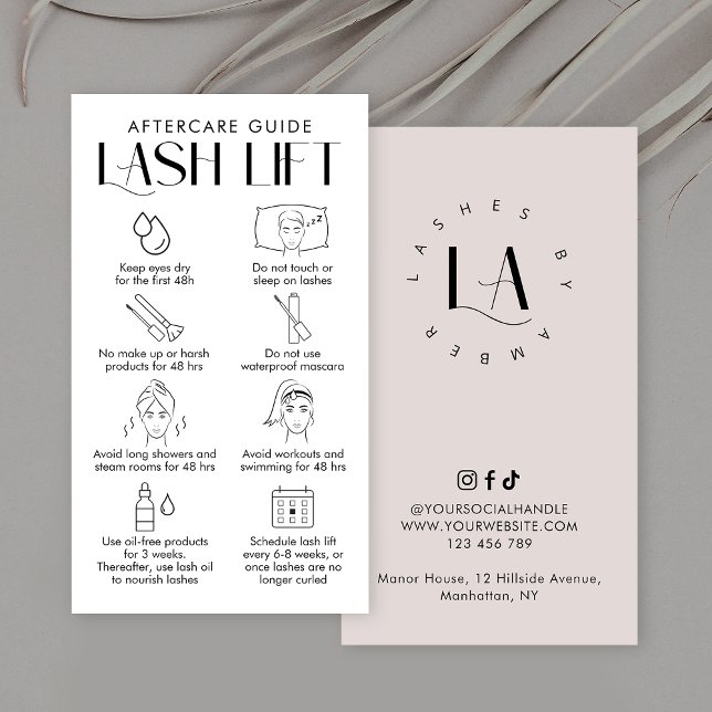 Modern Cream & White Elegant Lash Lift Aftercare Business Card (Elegant Lash Lift & Tint care instructions cards with space for your salon logo)