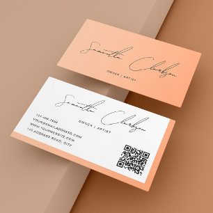 Modern Creamy Peach Handwritten Script QR code Business Card