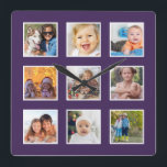 Modern Create Your Custom Photo Collage Square Wall Clock<br><div class="desc">Create your own personalised 9 photo Instagram photo collage wall clock with your custom images on modern eggplant purple background. Add your favourite photos, designs or artworks to create something really unique. To edit this design template, simply upload your own image as shown above. Treat yourself or make the perfect...</div>