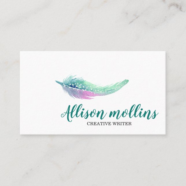 Modern Creative Writer Feather Logo Business Card (Front)