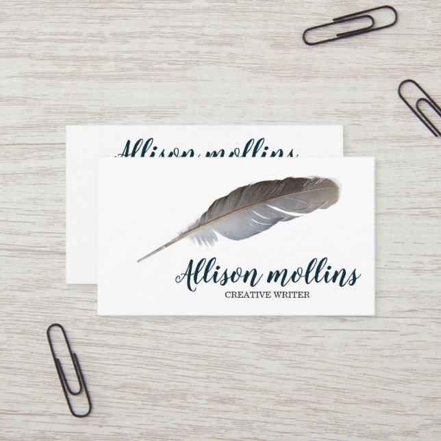 Modern Creative Writer Feather Logo Business Card (Front/Back In Situ)