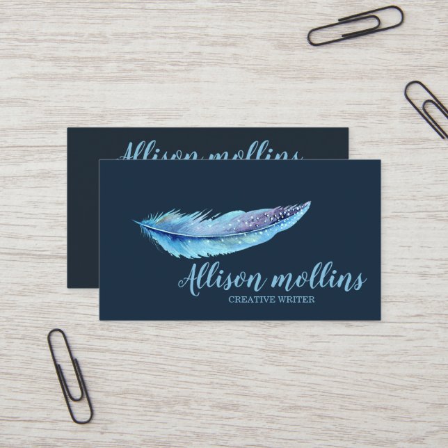 Modern Creative Writer Feather Logo Business Card (Front/Back In Situ)