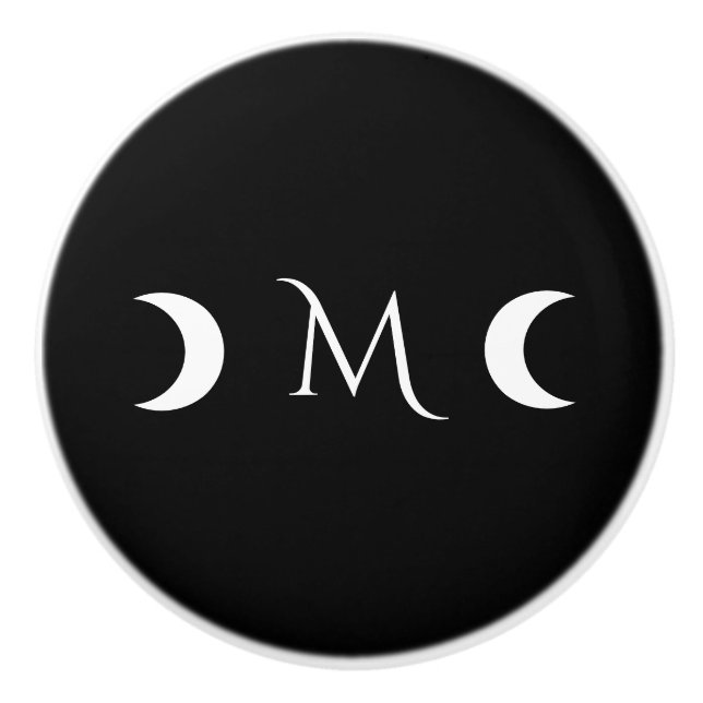 Modern Crescent Moons Black and White Monogram Ceramic Knob (Front)