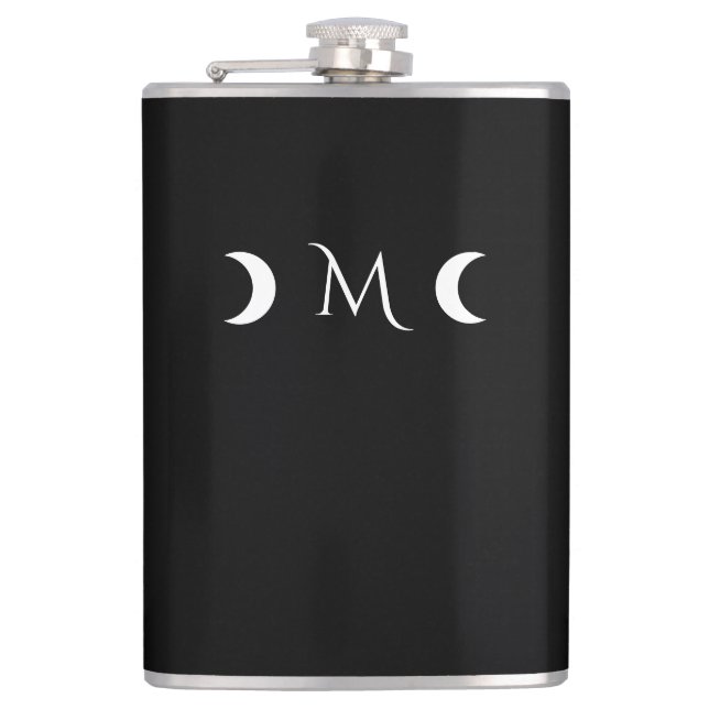 Modern Crescent Moons Black and White Monogram Hip Flask (Front)