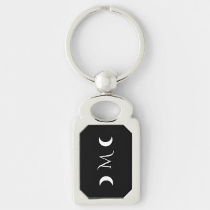 Modern Crescent Moons Black and White Monogram Key Ring