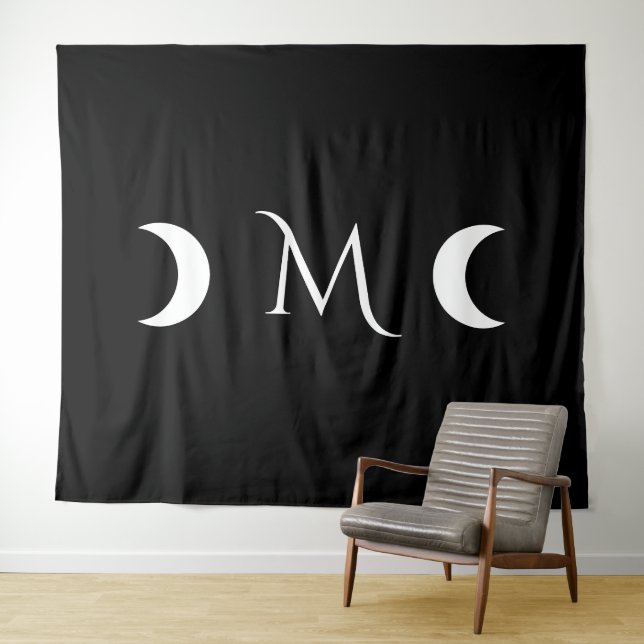 Modern Crescent Moons Black and White Monogram Tapestry (In Situ (Horizontal))