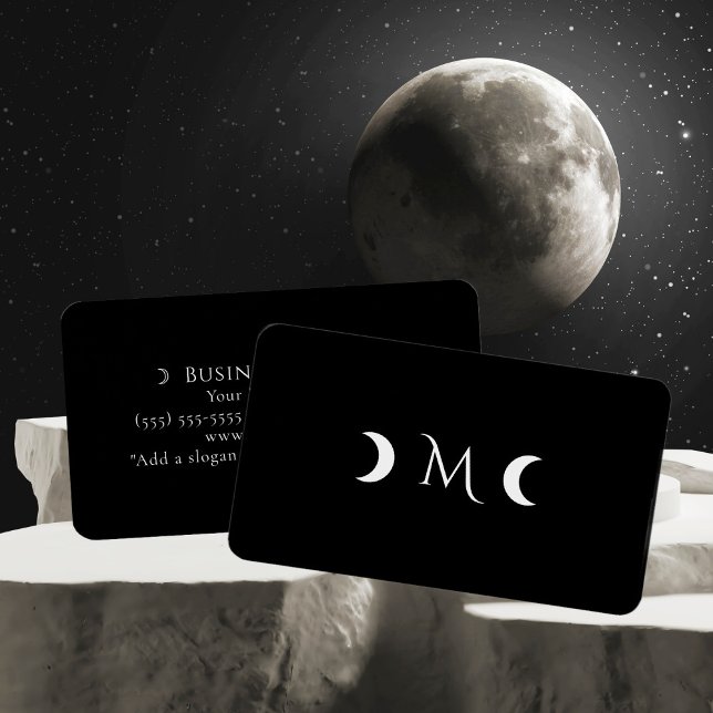 Modern Crescent Moons Monogram Black Business Card (Creator Uploaded)