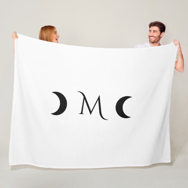 Modern Crescent Moons White and Black Monogram Fleece Blanket (In Situ)