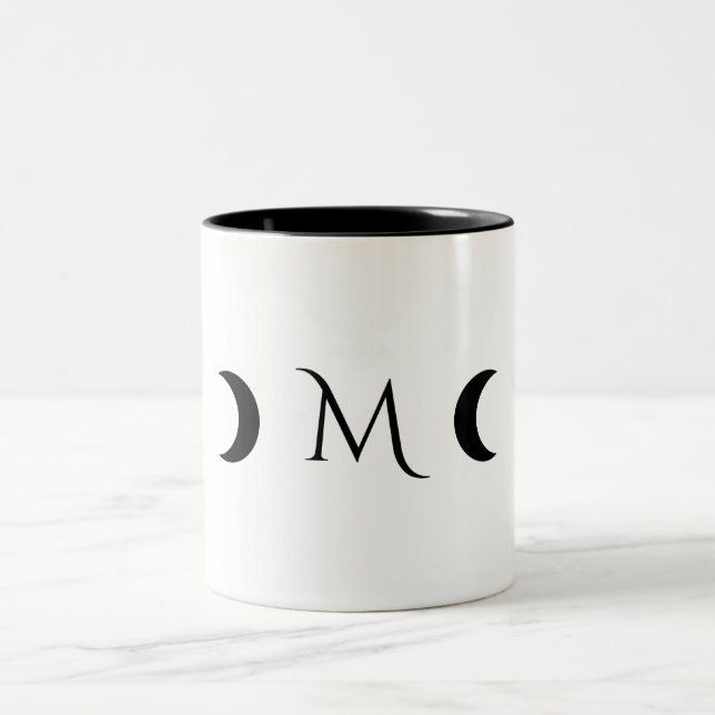 Modern Crescent Moons White and Black Monogram Two-Tone Coffee Mug (Center)