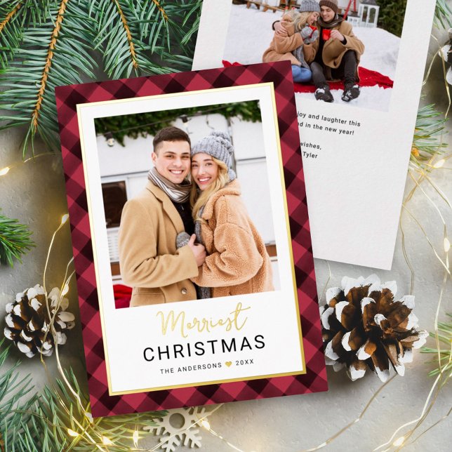 Modern Crimson Red Buffalo Plaid Christmas Photo Foil Holiday Card (Creator Uploaded)