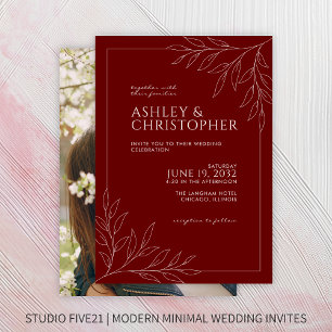 Modern Crimson Red Foliage Outline Photo Wedding Invitation