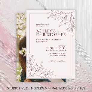 Modern Crimson Red Foliage Outline Photo Wedding Invitation