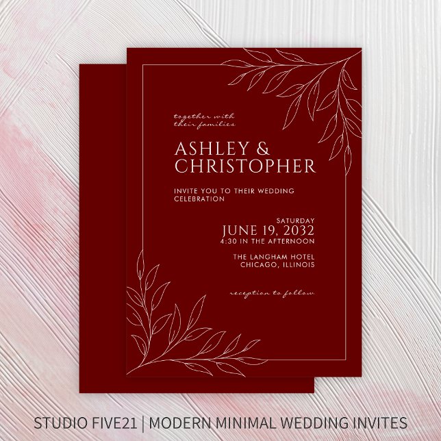 Modern Crimson Red Foliage Outline Wedding Invitation (Creator Uploaded)