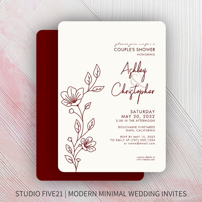 Modern Crimson Red Foliage Outline Wedding Shower Invitation (Creator Uploaded)