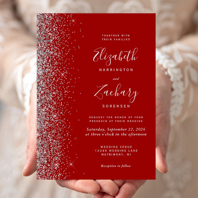 Modern Crimson Red Silver Glitter Edge Wedding Invitation (Creator Uploaded)