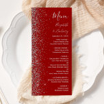 Modern Crimson Red Silver Glitter Edge Wedding Menu<br><div class="desc">The left-hand edge of this elegant modern wedding menu features a silver faux glitter design. The customisable text combines silver grey handwriting,  copperplate and italic fonts on a crimson red background. The reverse side features a matching red and silver glitter design.</div>