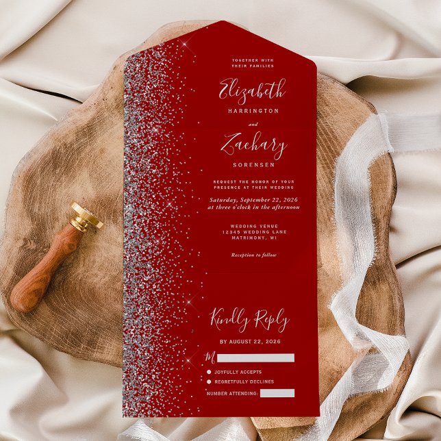 Modern Crimson Red Silver Glitter Wedding All In One Invitation (Creator Uploaded)