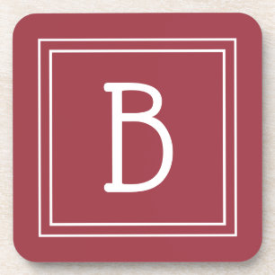 Modern Crimson Red & White Monogrammed Initial Coaster
