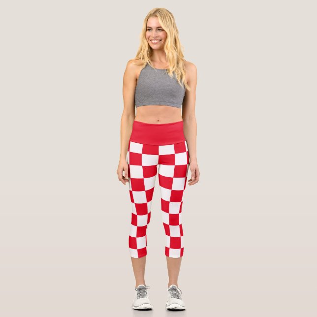 Modern Croatian Geometric Red Chequered Capri Leggings (Front)