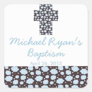 Modern Cross Blue Brown Floral Baptism Favour Seal
