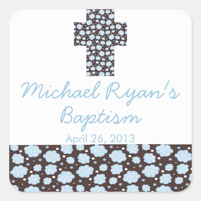 Modern Cross Blue Brown Floral Baptism Favour Seal (Front)