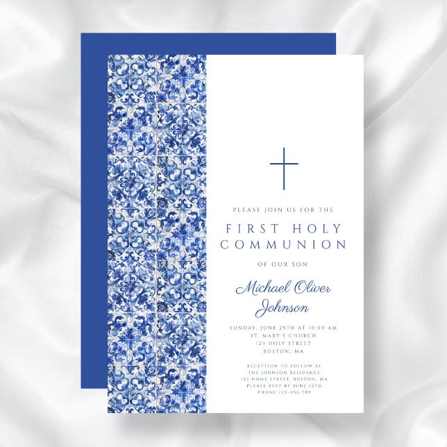 Modern Cross Blue Tiles Boy First Communion Invitation (Modern Cross Blue Tiles Boy First Communion Invitation)