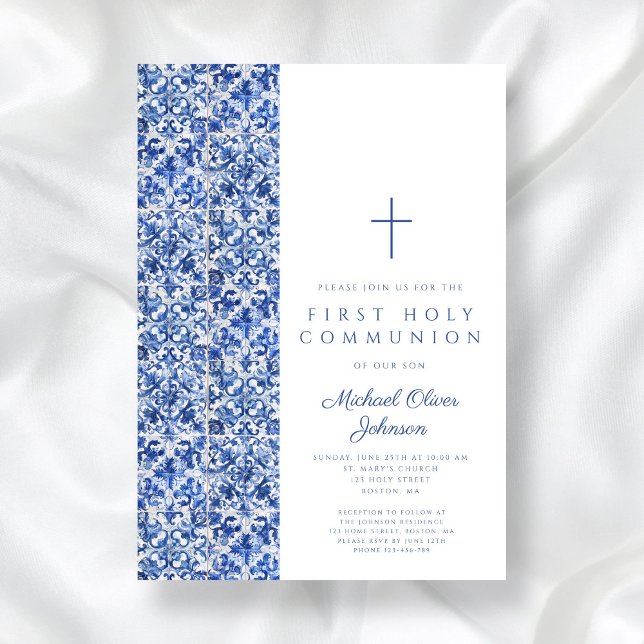 Modern Cross Blue Tiles Boy First Communion Invitation (Modern Cross Blue Tiles Boy First Communion Invitation)