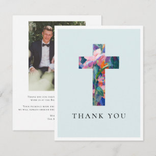 Modern Cross Floral Blue Baptism Photo Thank You Card