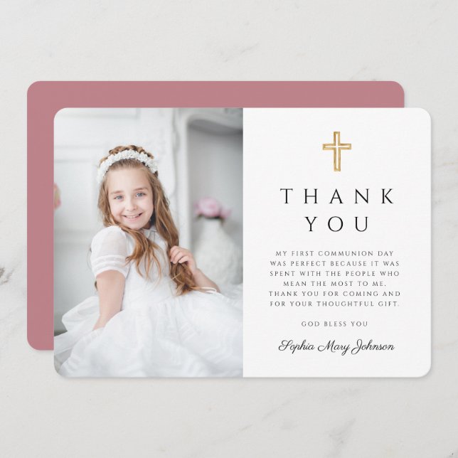 Modern Cross Girl First Communion Photo Thank You Card (Front/Back)
