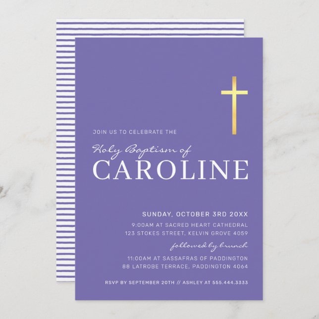 MODERN CROSS gold holy baptism simple purple white Invitation (Front/Back)