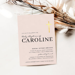 MODERN CROSS holy baptism minimal baby pink gold Invitation