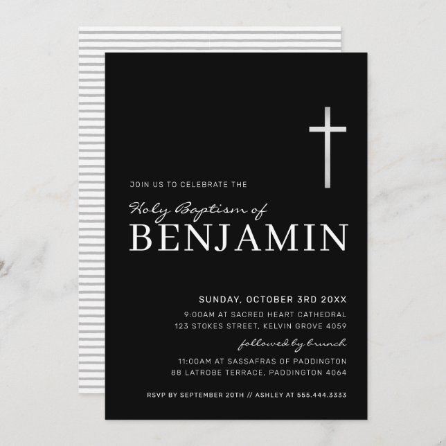 MODERN CROSS holy baptism minimal black silver Invitation (Front/Back)