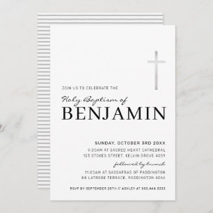 MODERN CROSS holy baptism minimal black silver Invitation