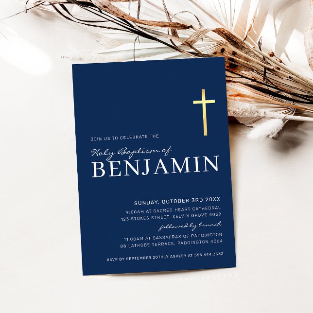 MODERN CROSS holy baptism minimal navy blue white Invitation (Creator Uploaded)