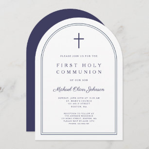 Modern Cross Navy Blue Boy First Communion Arch Invitation