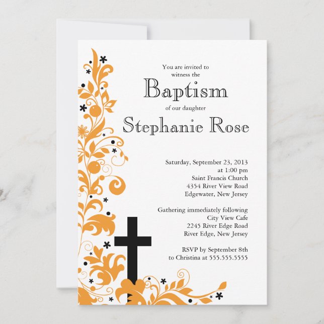 Modern Cross Orange Baptism invitation (Front)