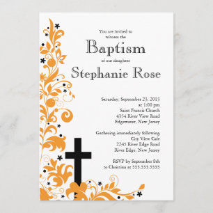 Modern Cross Orange Baptism invitation