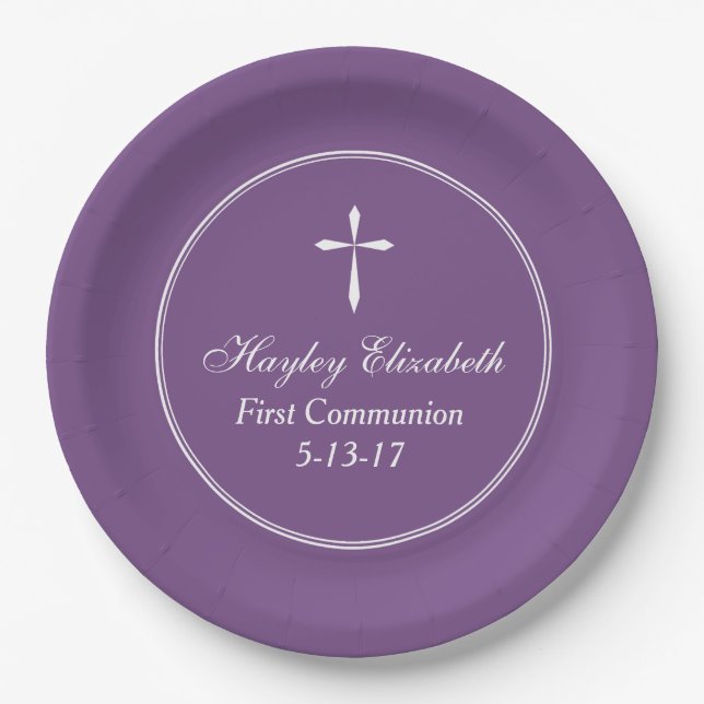 Modern Cross Personalised Purple Paper Plate (Front)