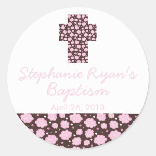 Modern Cross Pink Brown Floral Baptism Favour Seal