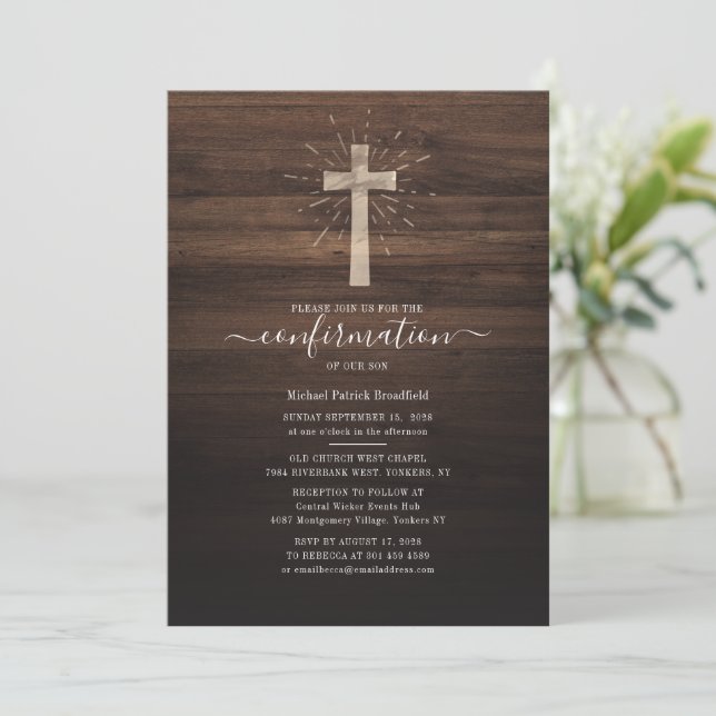 Modern Cross Rustic Wood Religious Confirmation Invitation (Standing Front)